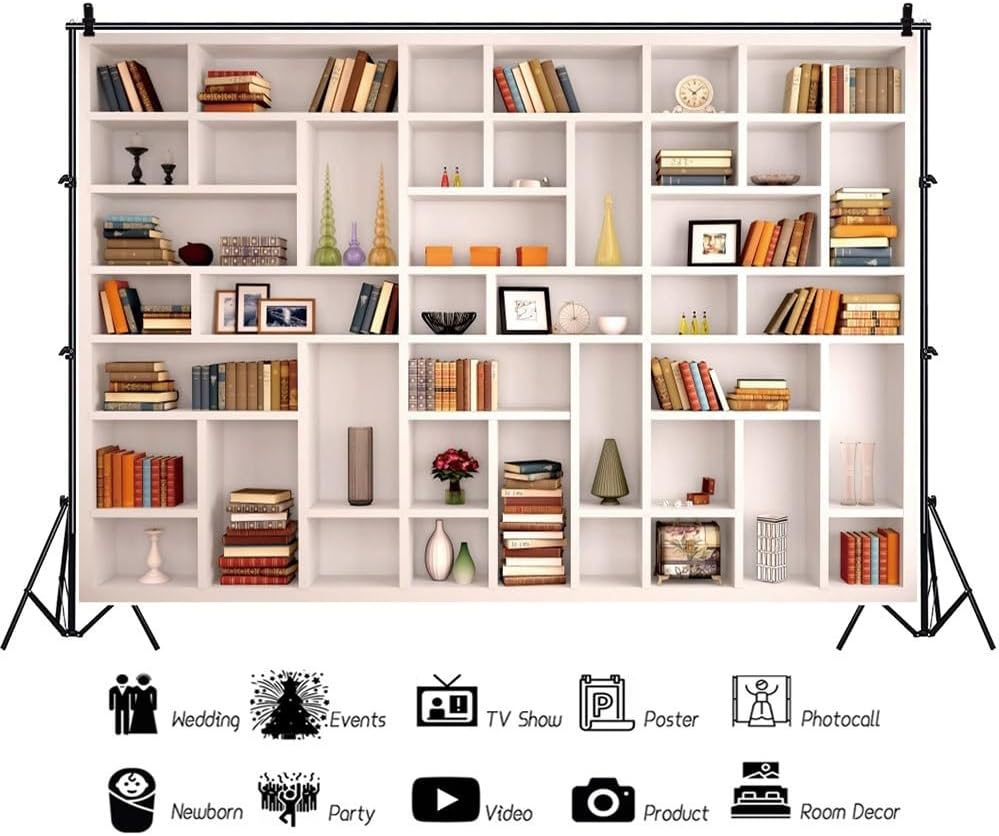 Heevnttiy 7x5ft White Bookshelf Backdrop Modern Office Zoom Video Conference Photography Background Bookcase