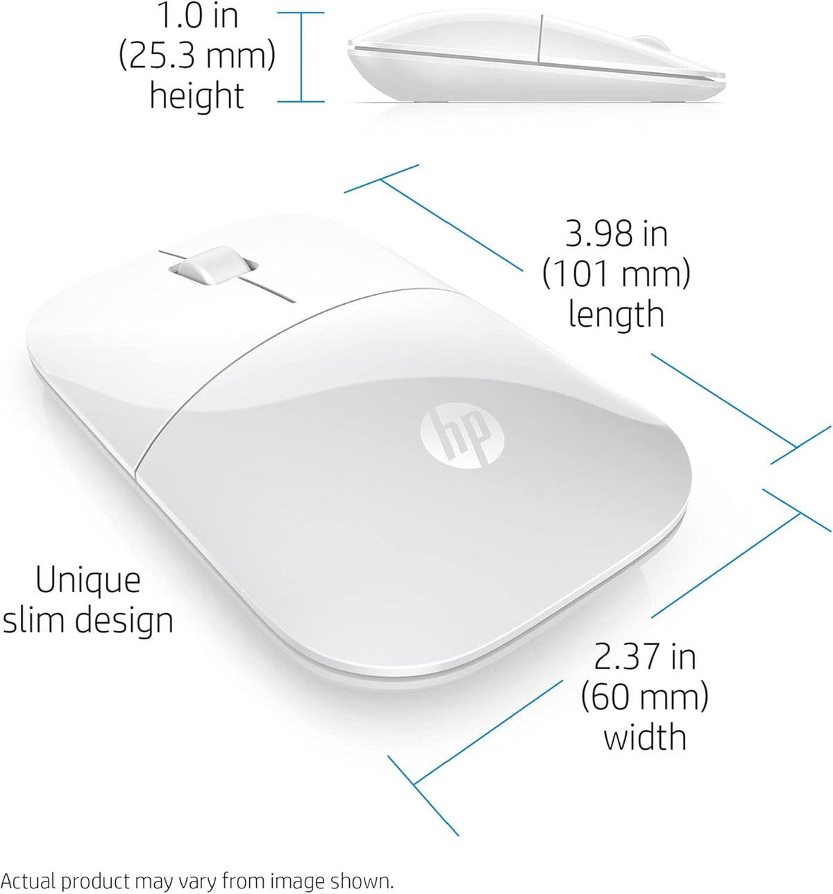 HP Z3700 2.4 1200 16 Wireless Mouse, White, Slim, Multi-OS & Device Compatibility, GHZ Connectivity, Multi-Surface