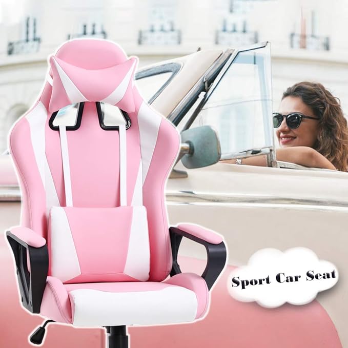 Pink Gaming Chair for Adults - High Back Ergonomic Office &amp PC Gaming Chair with Wheels Reclining &amp Adjustable Headrest &amp Lumbar Support