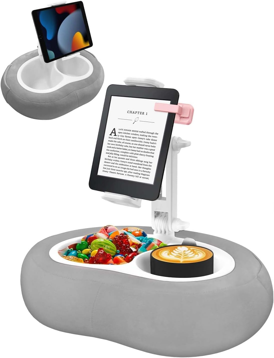 Tablet Pillow Stand, Compatible with 5"-12.9" Kindle, iPad, Phone/Tablet, Google, Samsung, 360° Rotating Phone Holder for Bed, Soft Plush Fabric, Detachable Bowl, Reading and Relaxation on Bed, Gray