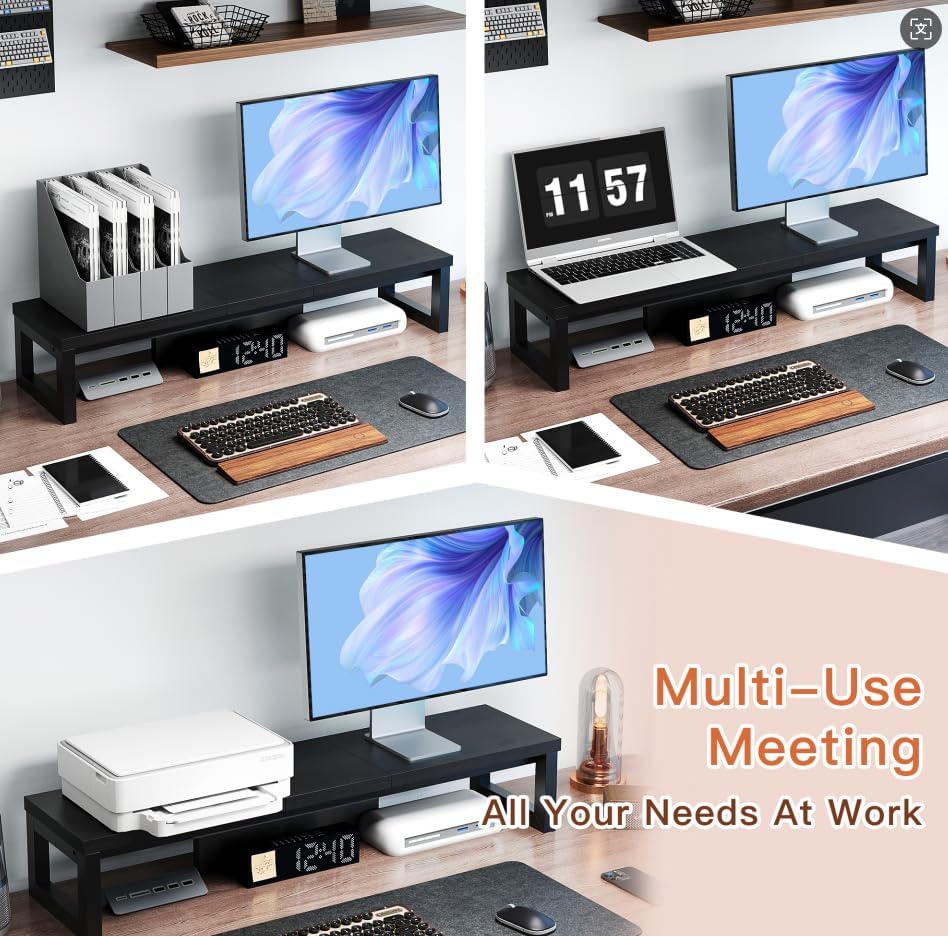 HEWORLIF Dual Monitor Stand Riser, Wood and Steel Monitor Stand for Desk, Multi-Purpose Desk Shelf Organizer