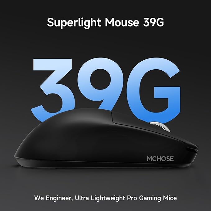 MCHOSE L7 Pro Wireless Gaming Mouse Super Light 39g Gaming Mouse Esport with 26K DPI Optical Switch Programmable Buttons Dual 8K Polling and PAW3395 Sensor Tri-Mode Connection PC/Mac - Black