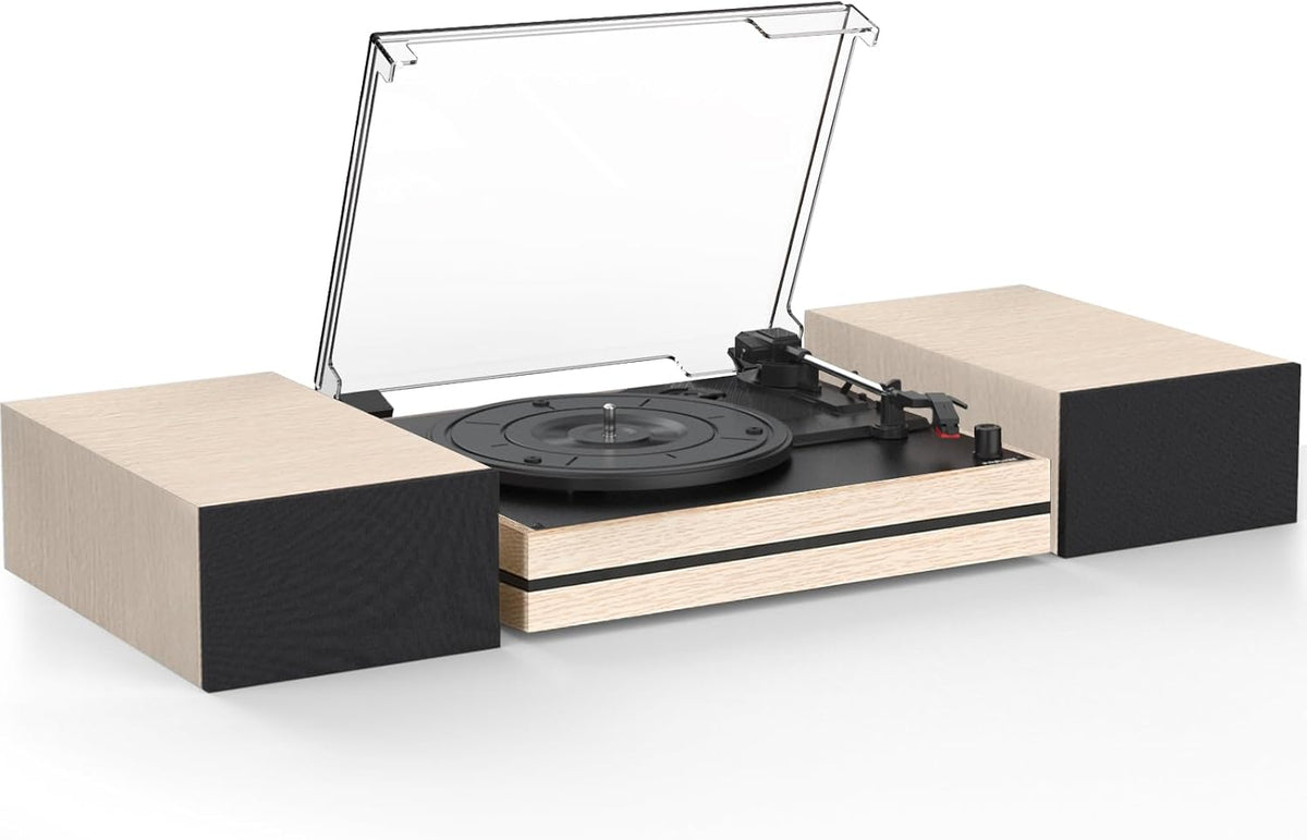 Record Player for Vinyl with External Speakers, Belt-Drive Turntable with Dual Stereo Speakers Vintage Vinyl LP Player Support 3 Speed Wireless AUX Headphone Input Auto Stop for Music Lover White