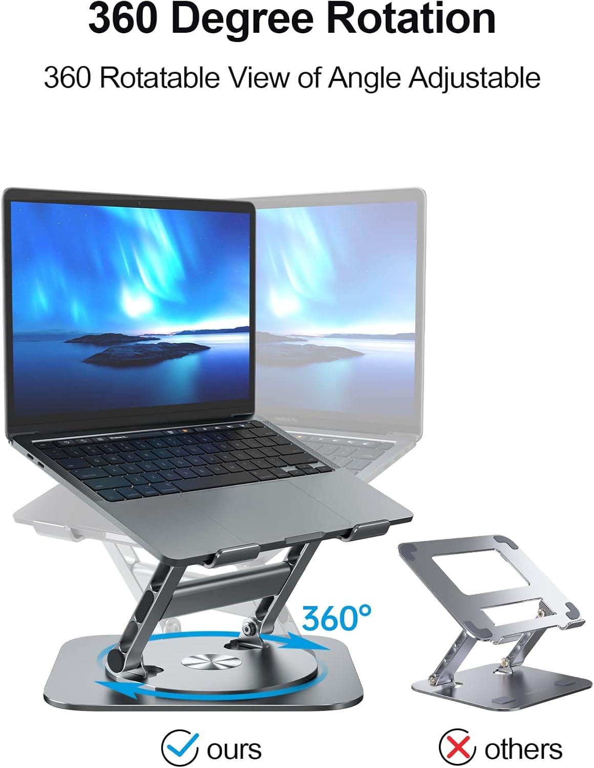 Laptop Stand, 360 Swivel Aluminum Computer Stand Ergonomic Laptop Riser Notebook Holder Compatible with 17 inch MacBook Air Pro, Dell XPS, HP, Lenovo More Laptops,Grey