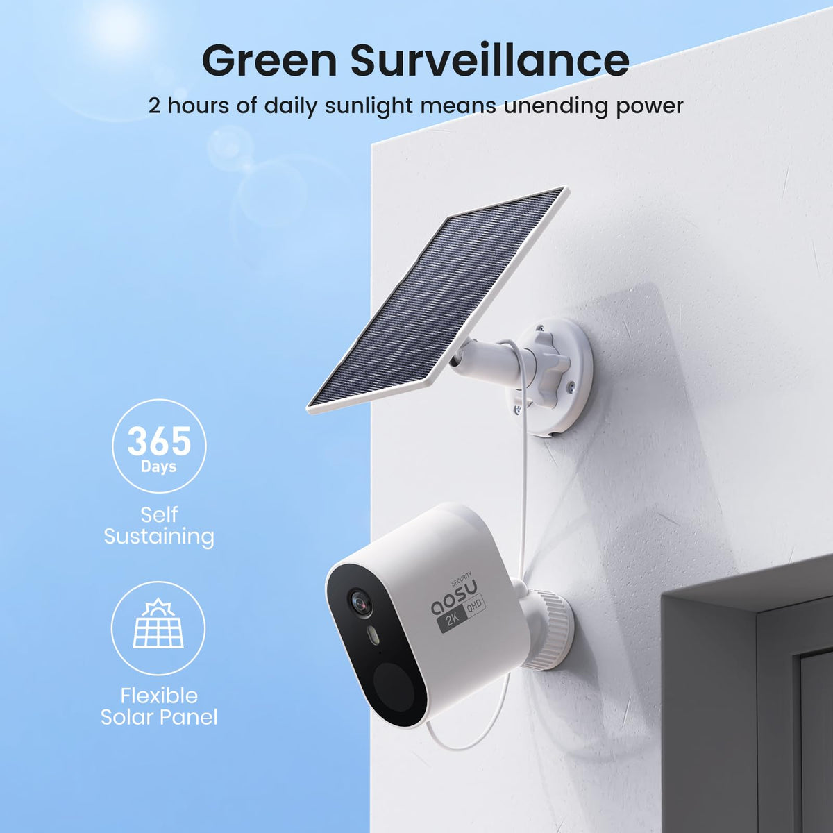 aosu Solar Security Cameras Wireless Outdoor, 2-Cam Kit, 2K QHD Home Security System with 166° Ultra-Wide Angle, Color Night Vision, 120 Days aosuBase