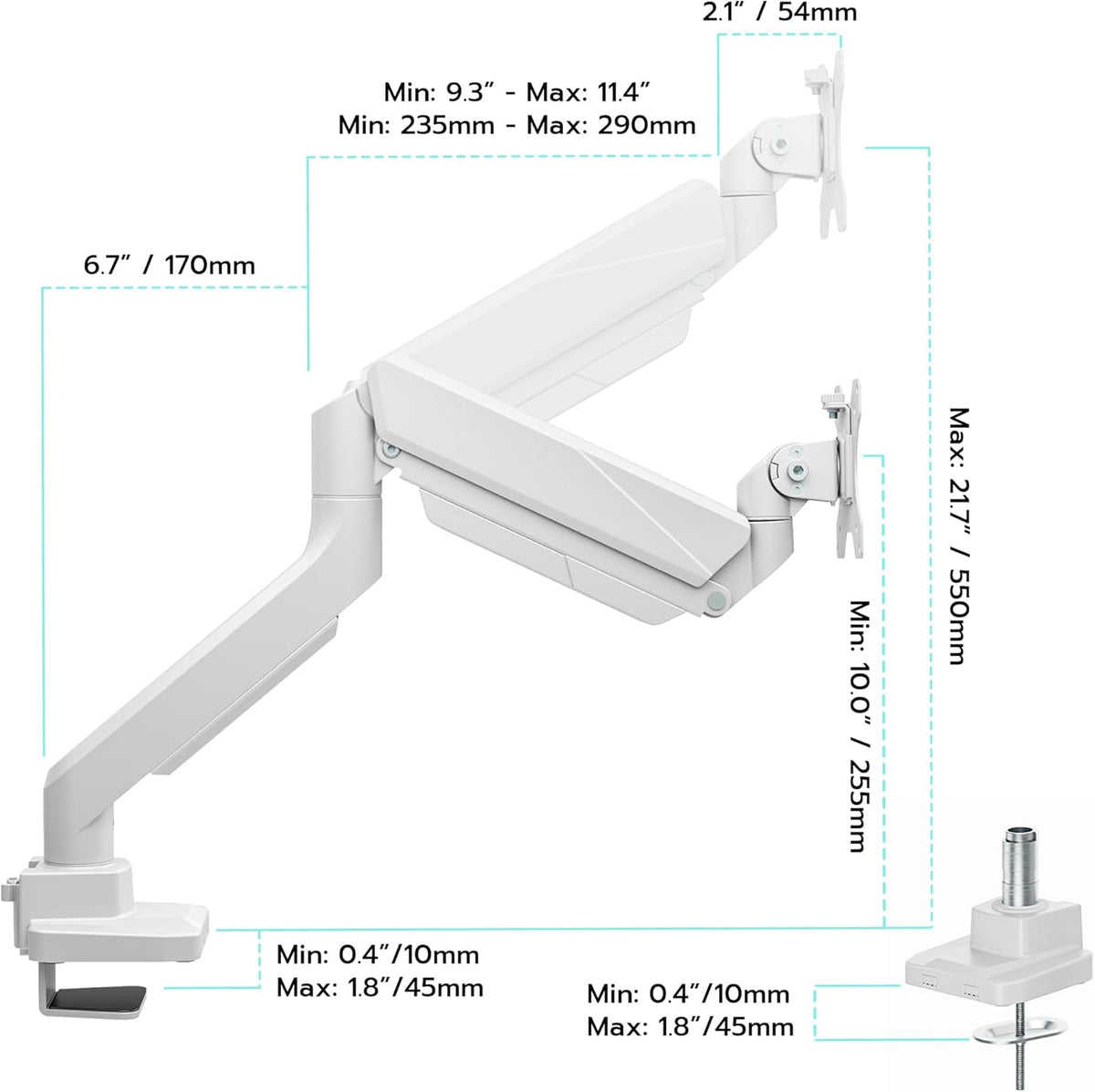 ARES WING Ultrawide Single Monitor Arm, Heavy Duty Monitor Mount for 13"-45" Curved Screens, Adjustable Stand for Desk with C-clamp & Grommet Base up to 40 LBS, White