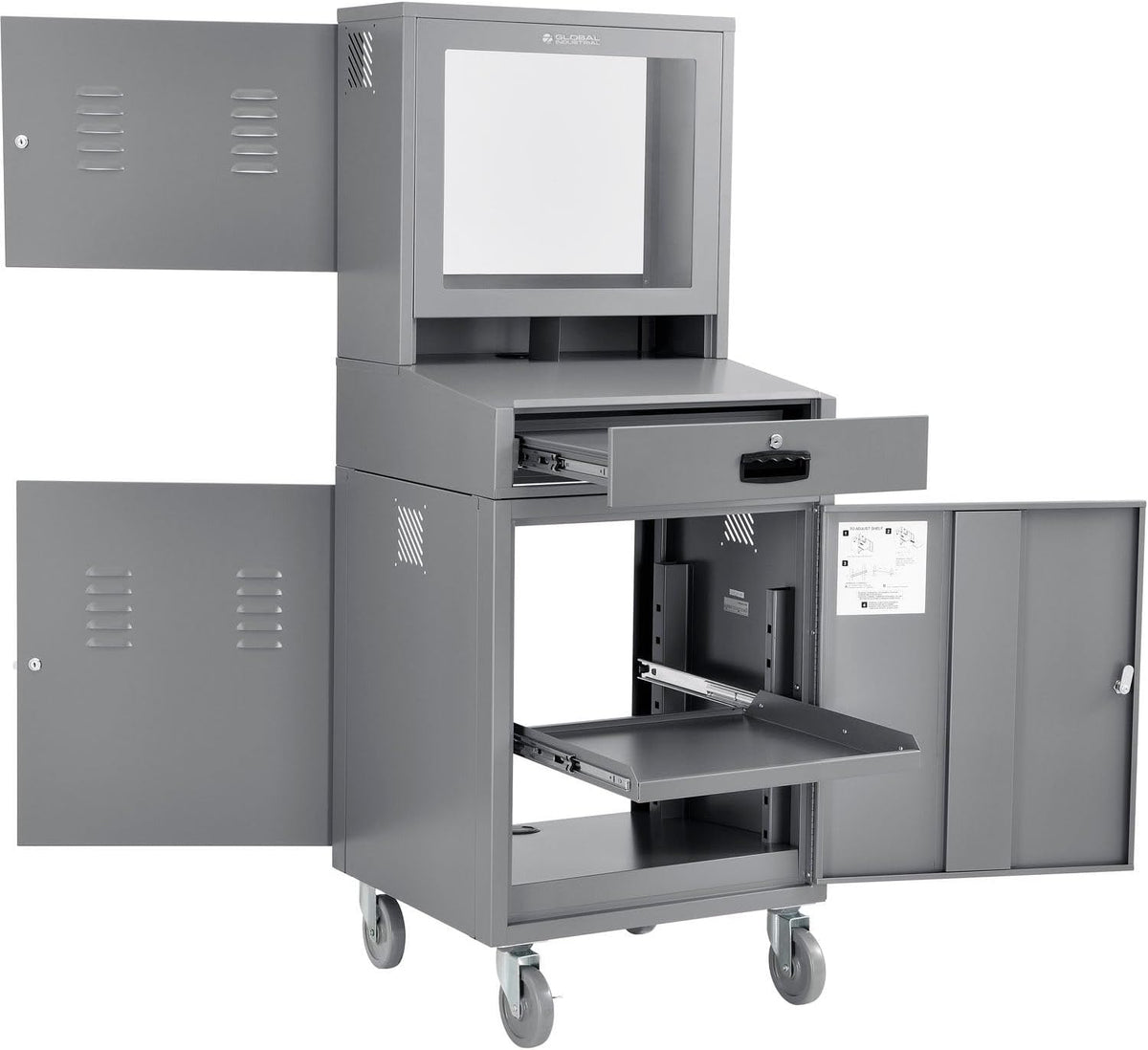 Global Industrial Mobile Security LCD Computer Cabinet Enclosure for 24" Diagonal Monitors, Steel Construction, Gray Powder Coat Finish, 24-1/2"W x 22-1/2"D x 62-3/4"H