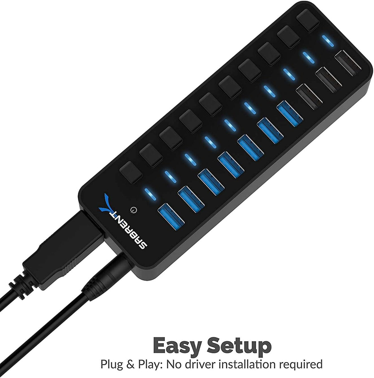 SABRENT 10-Port USB 3.0 Hub, Individual Power Switches and LEDs, 3 Smart Charging Ports, 60W Power Adapter, for PC, Mac, Xbox, PS5, Laptop, Desktop, USB Devices (HB-B7C3)