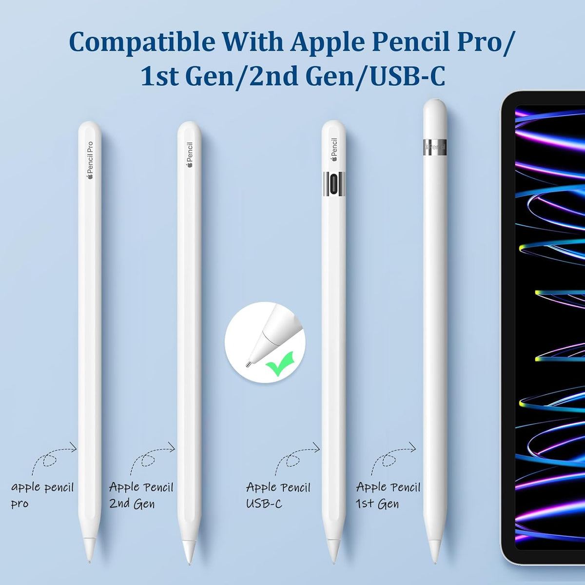 Replacement Tips for Apple Pencil 1st/2nd Gen,No Wear Out Upgraded Apple Pencil Tips,Metal Pencil Nibs for Precise Control - Pen Like 0.78mm Longer Tips for iPad Pencil - 4 Pack White