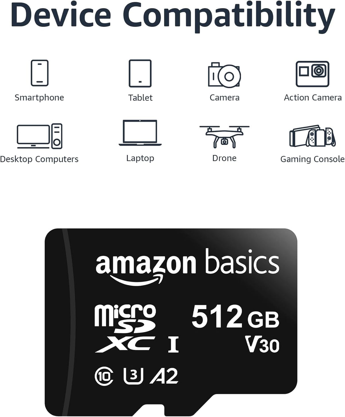 Amazon Basics Micro SDXC Memory Card with Full Size Adapter, A2, U3, Read Speed up to 100 MB/s, 512 GB, Black