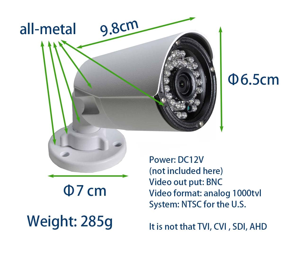 BlueFishCam Analog CCTV Camera Outdoor/Indoor Security SystemLong Angle Lens 8mm CMOS 1000TVL 36 LED Infrared Waterproof with IR-Cut Motion Detective
