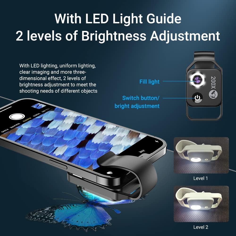 200X Magnification Microscope Lens withCPL Mobile LED Light Micro Pocket Macro Lenses for iPhone Samsung All Smartphones (Black with CPL)