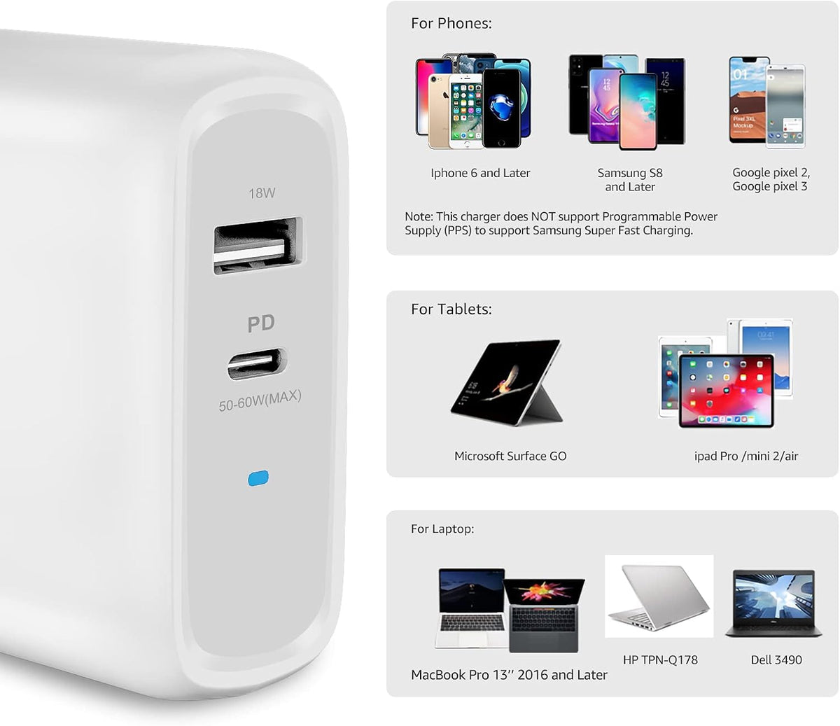 Amazon Basics 68W Two-Port GaN Wall Charger with 1 USB-C (60W) & 1 USB-A Ports (18W) with PD for Laptops, Tablets & Phones (iPhone 16/15/14/13/12/11/X, iPad, MacPro, Samsung, and more), Non-PPS, White
