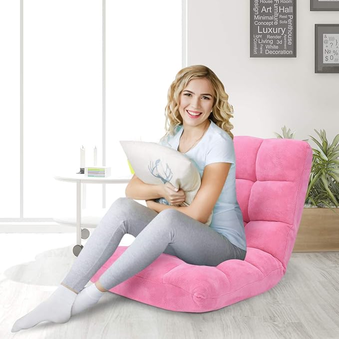 Floor Folding Sofa Chair 14-Position Adjustable Folding Couch Sleeper Bed Couch Gaming Recliner for Living Room Bed Room (Pink)