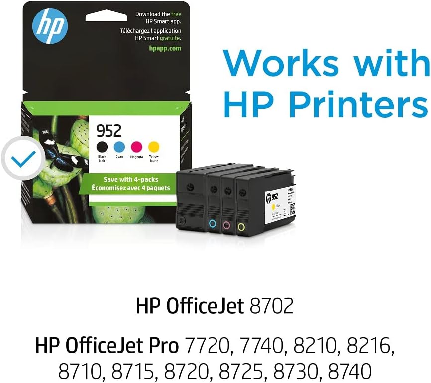 Original HP 952 Black, Cyan, Magenta, Yellow Ink Cartridges (4 Count -pack of 1) |Works with HP OfficeJet 8702,OfficeJet Pro 7720,7740,8210,8710,8720,8730, 8740 Series|Eligible for Instant Ink|X4E07AN