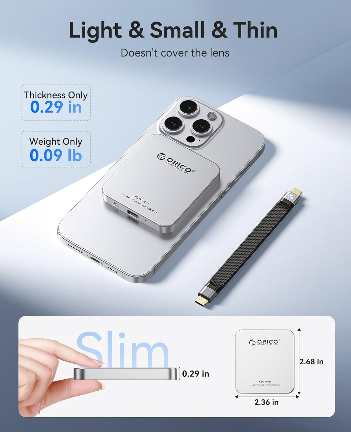 ORICO 2TB Magnetic External SSD, Aluminum Alloy, Up to 2000MB/s, 4K 120Hz ProRes HDR Record and Store, External Solid State Drive, Compatible with iPhone 16 Pro Max, Tablet, Computer - K20MINI