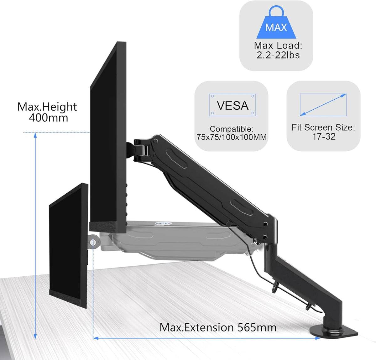Gas Spring Monitor Arm 32 Inch,Adjustable Single Monitor Desk Mount with Swivel/Tilt/Rotation,Computer Monitors Stand Holder with Clamp/Grommet Mounting Base, VESA Mount Bracket