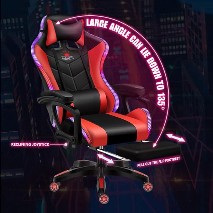 RGB Video Gaming Chairs with Speakers Ergonomic Pro Gaming Chair with Full Massage Lumbar Support and Retractible Footrest Adjustable Backrest Computer Chair High Back Recliner ChairPink