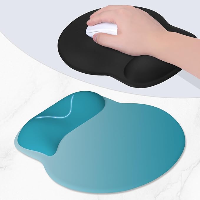 ITNRSIIET Ergonomic Mouse Pad with Wider Memory Foam Wrist Rest +17%, Curved Cushion Reduces Pressure 20%, Pain Relief, Non-Slip, Smooth, Cute Color Desk Accessory, 9.85 x 9 inch, Ombre Blue Gradient