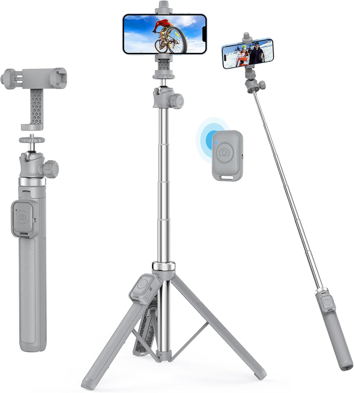 Extendable Tripod for iPhone with Remote, 360° Ball Head Upgraded Cell Phone Tripod for Video Recording, iPhone 14/13/12 Pro Max/Android/GoPro, 62in