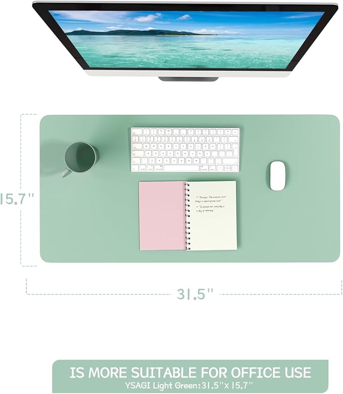 YSAGi Non-Slip Leather Desk Pad, Waterproof Laptop Computer Desk Keyboard Mat, Table Protector Blotter Mat, Large Mouse Pad for Office/Work/Home/Decor(Pale Green, 31.5" x 15.7")