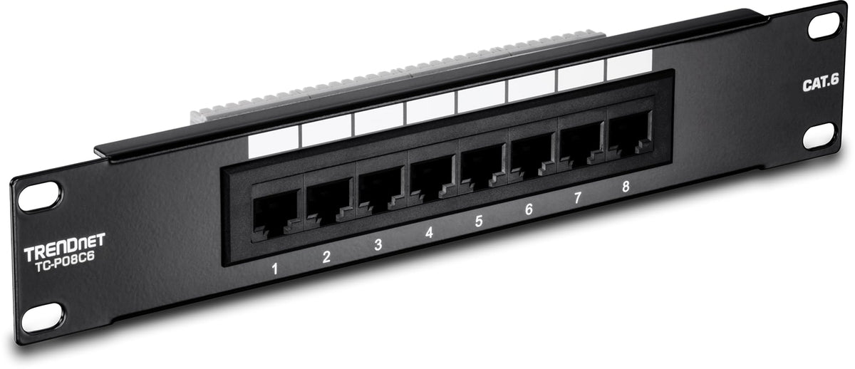 TRENDnet 8-Port Cat6 Unshielded Patch Panel, TC-P08C6, Rackmount, 10 Inch Wide, 8 x Gigabit RJ-45 Ethernet Ports, Pre-Numbered Ports, 250 Mhz