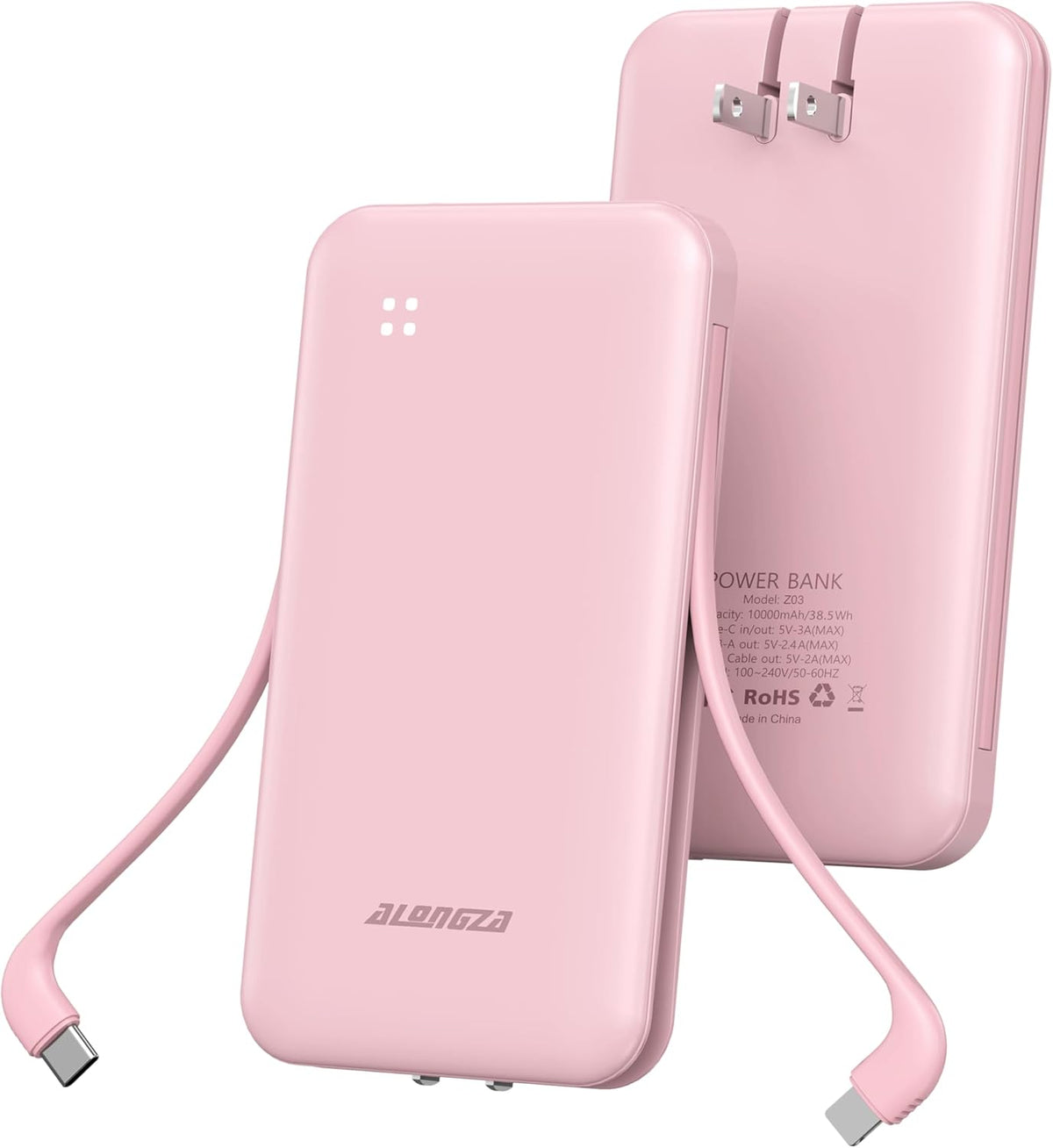 Alongza Portable Charger Built-in Cables and AC Wall Plug, Slim Fast Charging Power Bank 10000mAh, Lightweight USB C External Battery Pack Compact Travel Cell Phone Charger