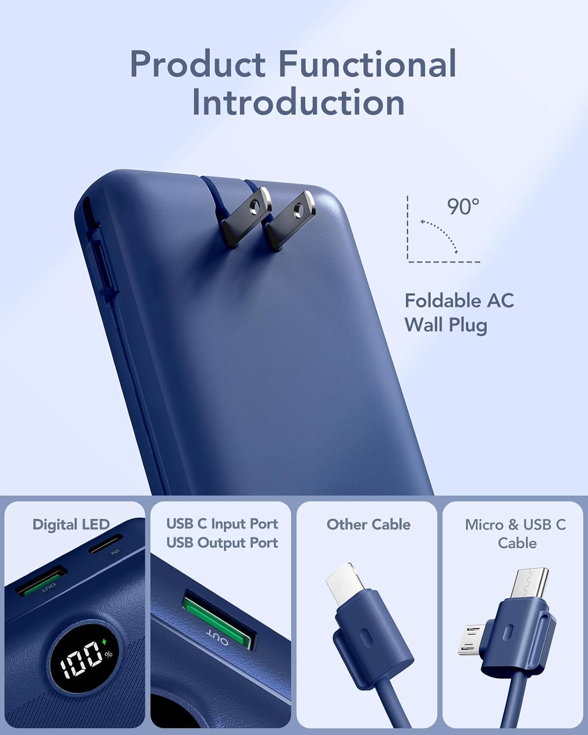 VRURC Portable Charger 20000mAh, Fast Charging Power Bank USB C,4 Output 2 Input Travel Essentials Charging Bank Equipped with LED Display,Built-in Wall Plug and Cables,Phone Charger Battery,Navy