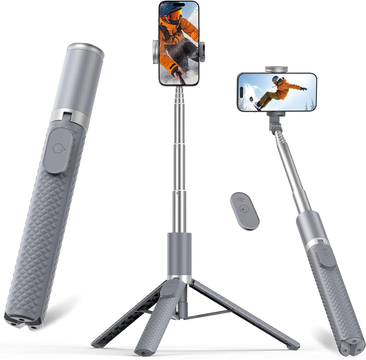62" Phone Tripod & Selfie Stick, Tripod for iPhone with Remote, All-in-1 Cell Phone Stand, Portable, Extendable Stand for Selfies Video Recording Vlog, Compatible with iPhone Android (Grey)