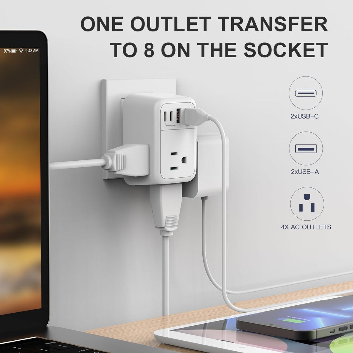 Travel Plug Adapter, International Plug Adapter with 4 AC Outlets 4 USB Ports(2 USB C), Travel Adapter Type C Travel Essentials for US to Most Europe France Germany Italy Spain [1 Pack]