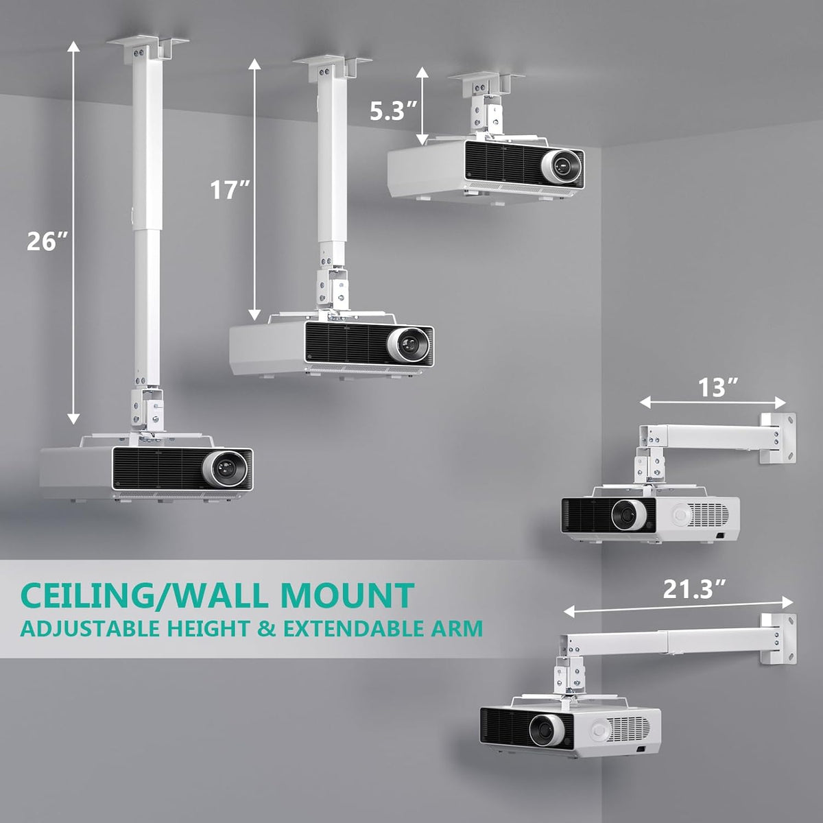 3-in-1 44lbs (PM-003-W), WALI Projector Mount Ceiling/Wall - Universal Bracket with Extension Pole, Height Adjustable