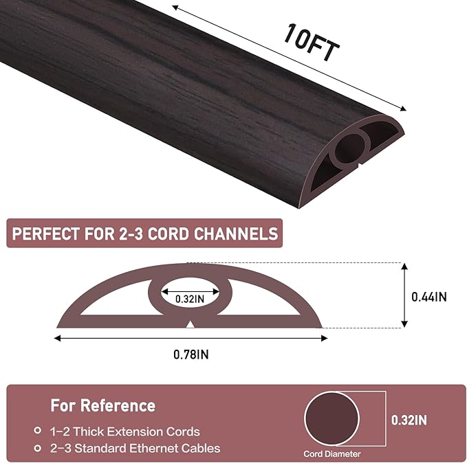 Floor Cord Cover Self Adhesive Cord Hider Floor Extension Cord Covers for Floor Power Cord Protector Cable Management Prevent Cable Trips Cable Cavity 0.32" W x 0.32" H (Dark Walnut, 10Ft)