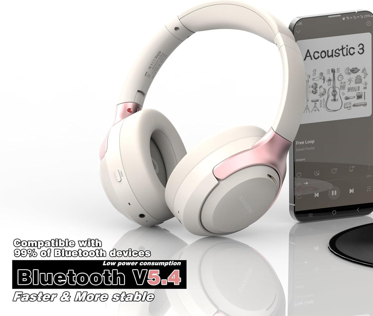 LC30Pro Hybrid Active Noise Cancelling Headphones, 100H Playtime Bluetooth Headphones, HiFi Audio Wireless Headphone with 3 EQ Modes, Low Latency & Foldable Design (Beige White)