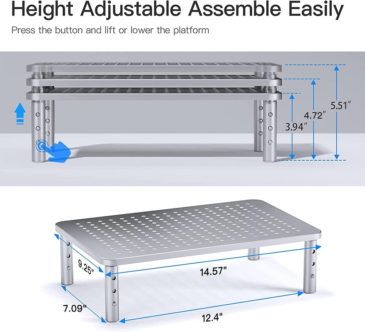 HUANUO Monitor Riser - 3 Height Adjustable Stand for Laptop, Computer, iMac, PC, Printer, Desktop Ergonomic Metal Monitor Riser with Mesh Platform
