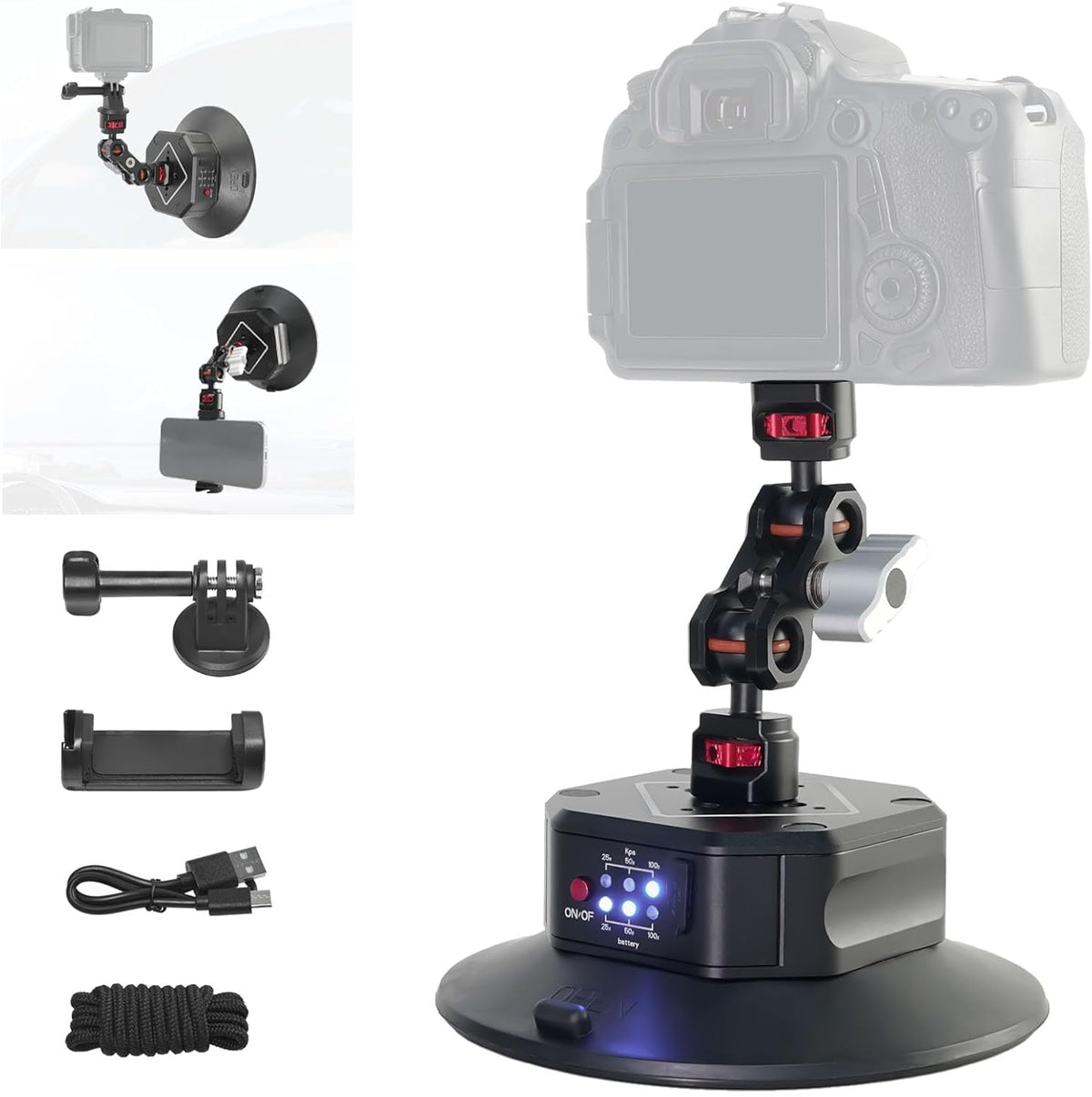 FIFIELD 6in Electric Auto Pump Suction Cup Camera Mount with Aluminum Ball Head Magic Arm, Automatic Air Pump Vacuum Cup, Quick Release Car Mount Compatible with DJI OSMO Pocket 3 Insta360 iPhone