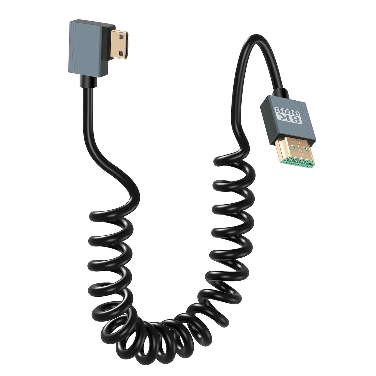8K 48Gbps 90 3FT CERRXIAN Left Angled Mini HDMI to HDMI Cable, High Speed Degree Mini HDMI to HDMI Coiled Cable Support