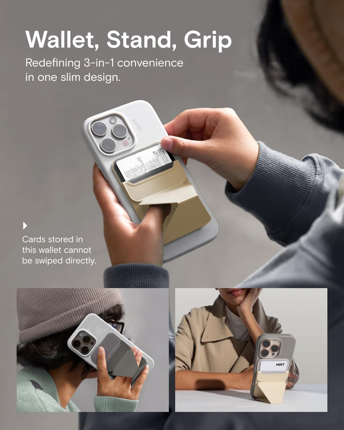 MOFT Magnetic Wallet Stand Compatible with iPhone 16/15/14/13/12 Series, Angle Adjustment & Magsafe Compatible MOVAS Phone Stand,Earthen Beige