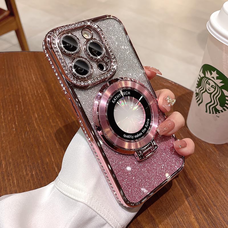 Magnetic Kickstand (Glitter Lens Protector ) Case for IPhone 15 14 13 12 Pro Max (Compatible with Magsafe ) Sparkling Diamond Cover Glitter Shiny Rhinestone Cases (Pink,for iPhone 13 Pro)