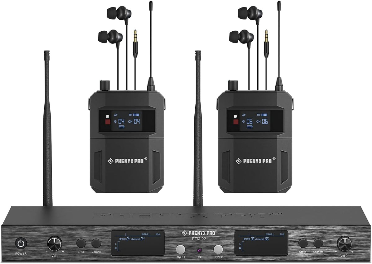 Phenyx Pro UHF Mono Dual Wireless in-Ear Monitor System, Metal Wireless IEM System, Sturdy Bodypack Receiver, 2x50 Frequencies, Separate Outputs,164ft Operation, Suitable for Band and Studio (PTM-22)