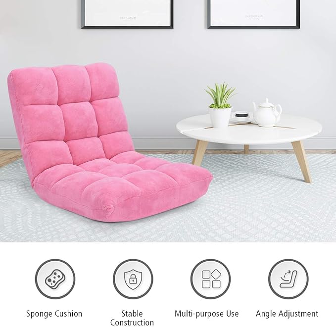 Floor Folding Sofa Chair 14-Position Adjustable Folding Couch Sleeper Bed Couch Gaming Recliner for Living Room Bed Room (Pink)