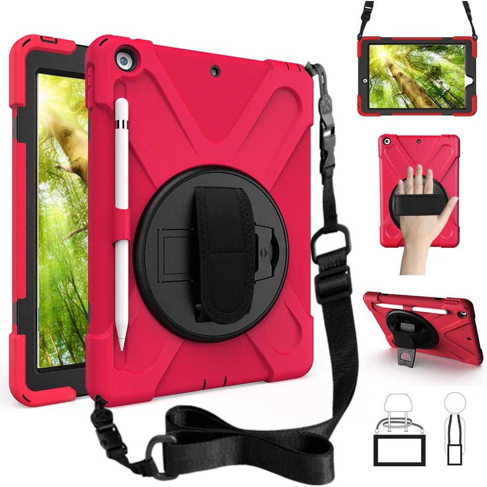 ZenRich Shockproof Case for iPad 9th/8th/7th Generation 10.2 inch 2021/2020/2019, Heavy Duty Rugged Case with Pencil Holder/360° Rotating Kickstand/Handle/Carrying Strap, Red