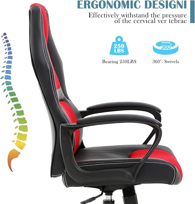 Gaming Chair Max 250LBS Office Chairs with Ergonomic Design Comfortable Office Chair PU Leather with Mesh Back Gaming Chairs with 360-Degree Swivel Gaming Chairs for Adults PC Chair RED