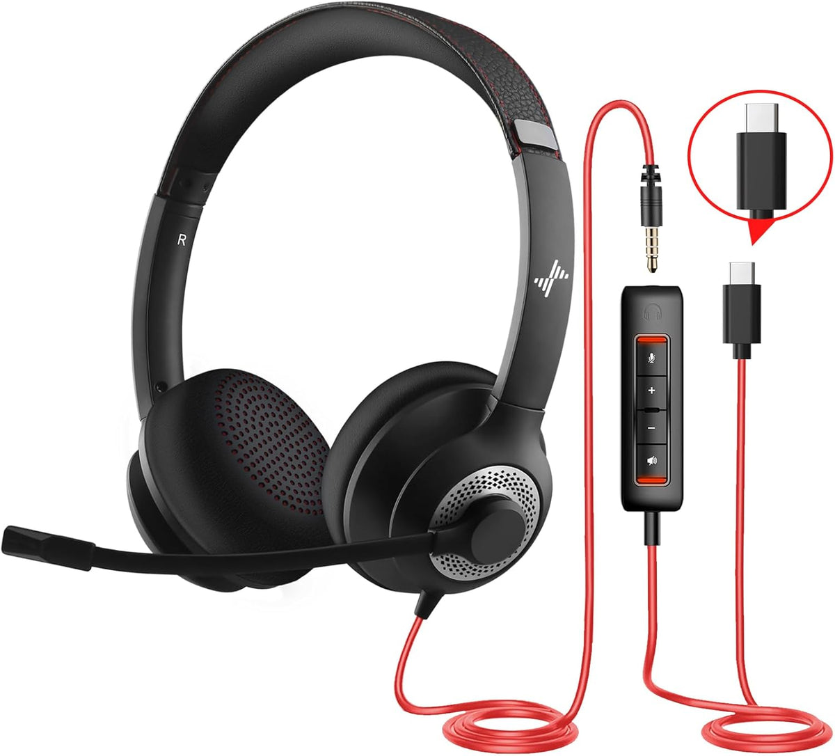 Headset C+3.5mm, JIAMQISHI USB with Microphone for PC, On-Ear Computer Laptop Headphones with Noise Cancelling Mic