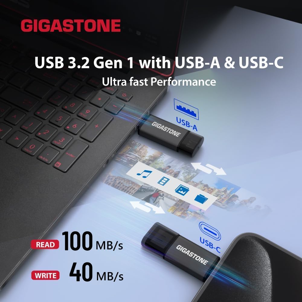 GIGASTONE 64GB Dual Flash Drive (5 Pack) Z40 USB 3.2 Gen 1, 2-in-1 Type-A & Type-C, 100MB/s Ultra Fast, Head Cap Design, Plug & Play for Smartphone/PC/Mac/TV/Car Audio, USB 2.0/3.0/3.1 Compatible