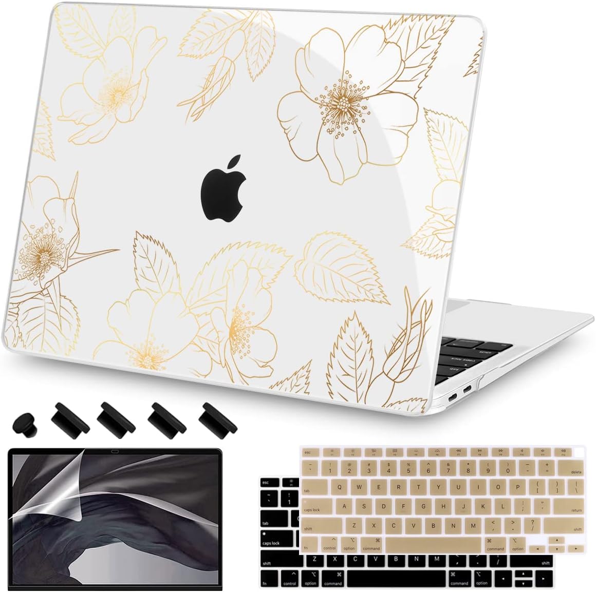 Teryeefi Compatible with 2018 2019 2020 MacBook Air 13 inch Case M1 Chip A2337 A2179 A1932 Retina Display Touch ID, Plastic Hard Shell & Keyboard Cover & Screen Protector,Gold Floral Leaf