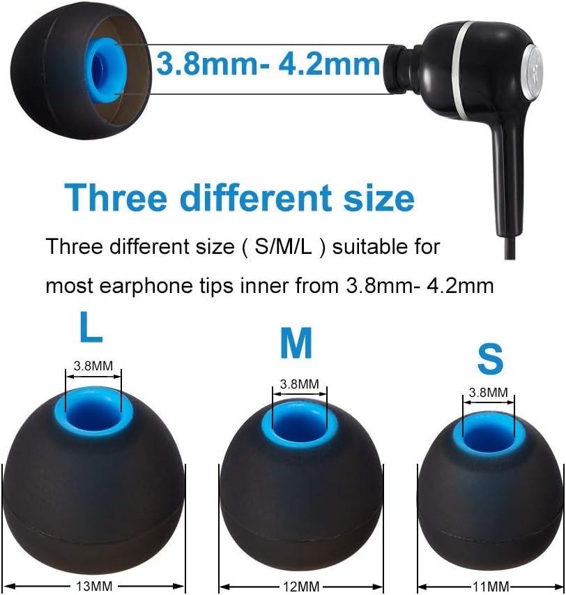Brandless Earbud Tips Soft Silicone Earbuds Replacement Tips Fit for in-Ear Headphones(Inner Hole from 3.8mm - 4.2mm Earphones) 9 Pairs S/M/L,Black/Blue