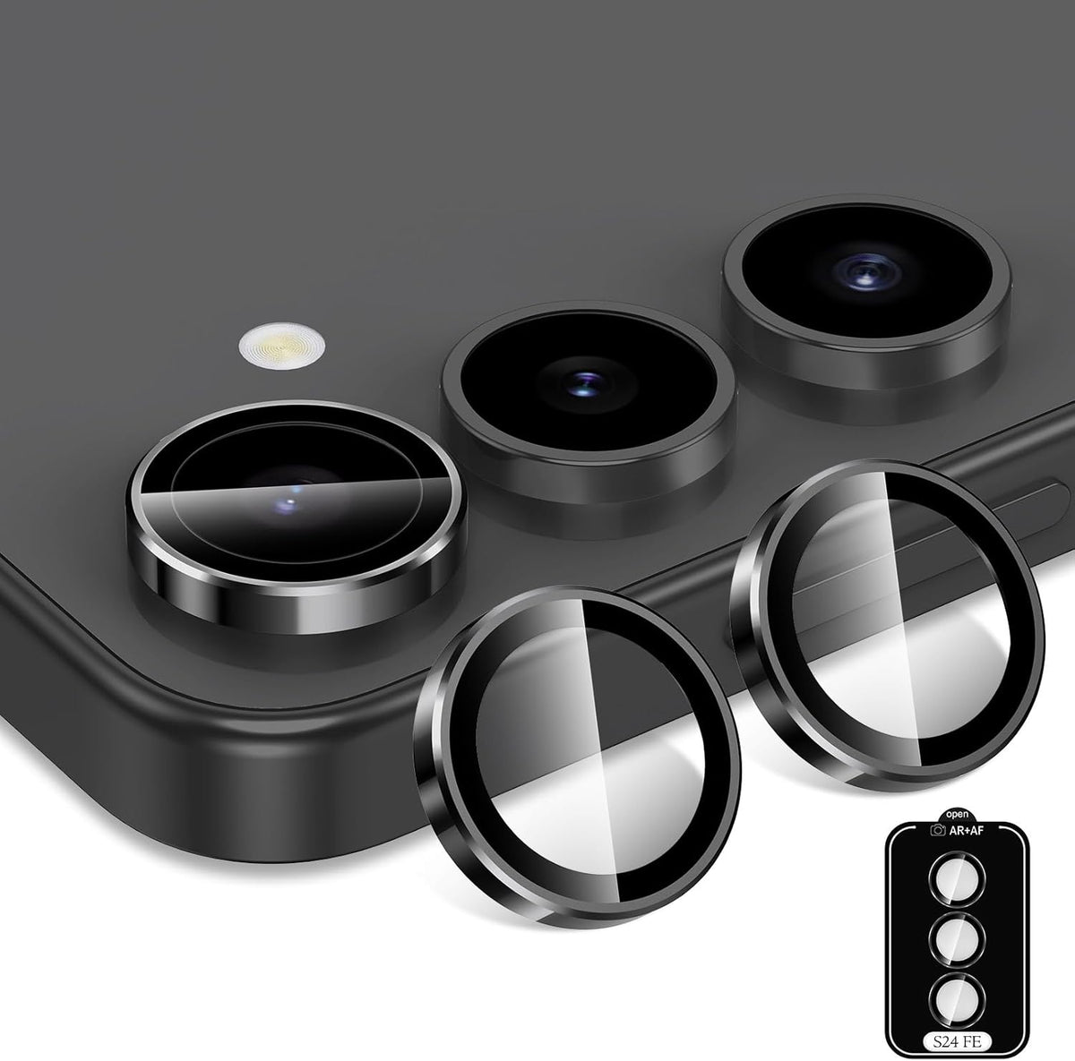 for Samsung Galaxy S24 FE Camera Lens Protector, Individual Metal Ring Tempered Glass Lens Cover, [Strong Adsorption] Scratch Resistant Ultra-Thin HD Clear Lens Cover, 1 Set-Black Ring