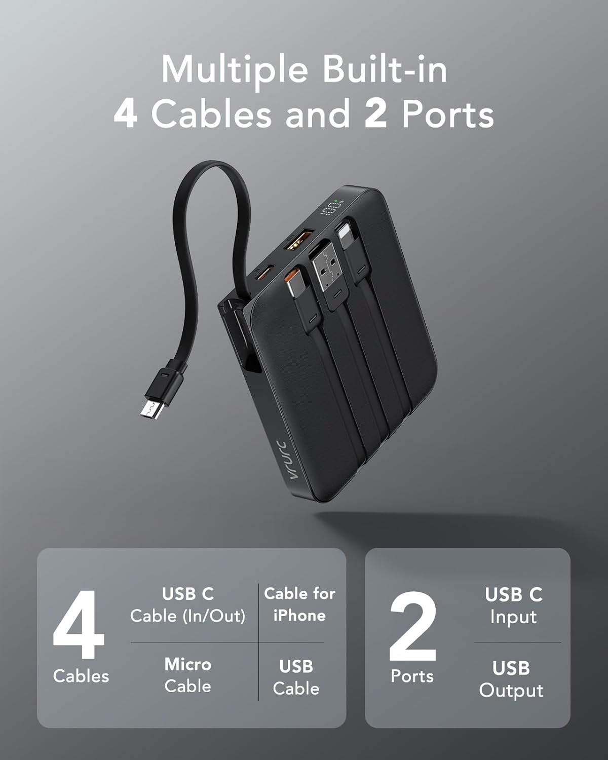 VRURC Portable Charger with Built-in Cable, 10000mAh 22.5W Fast Charging USB C Battery Pack, Cell Phone Power Bank for iPhone 16 15 14 Samsung Galaxy S25 S24 S23 Series Android Tablet, Black(1 Pack)
