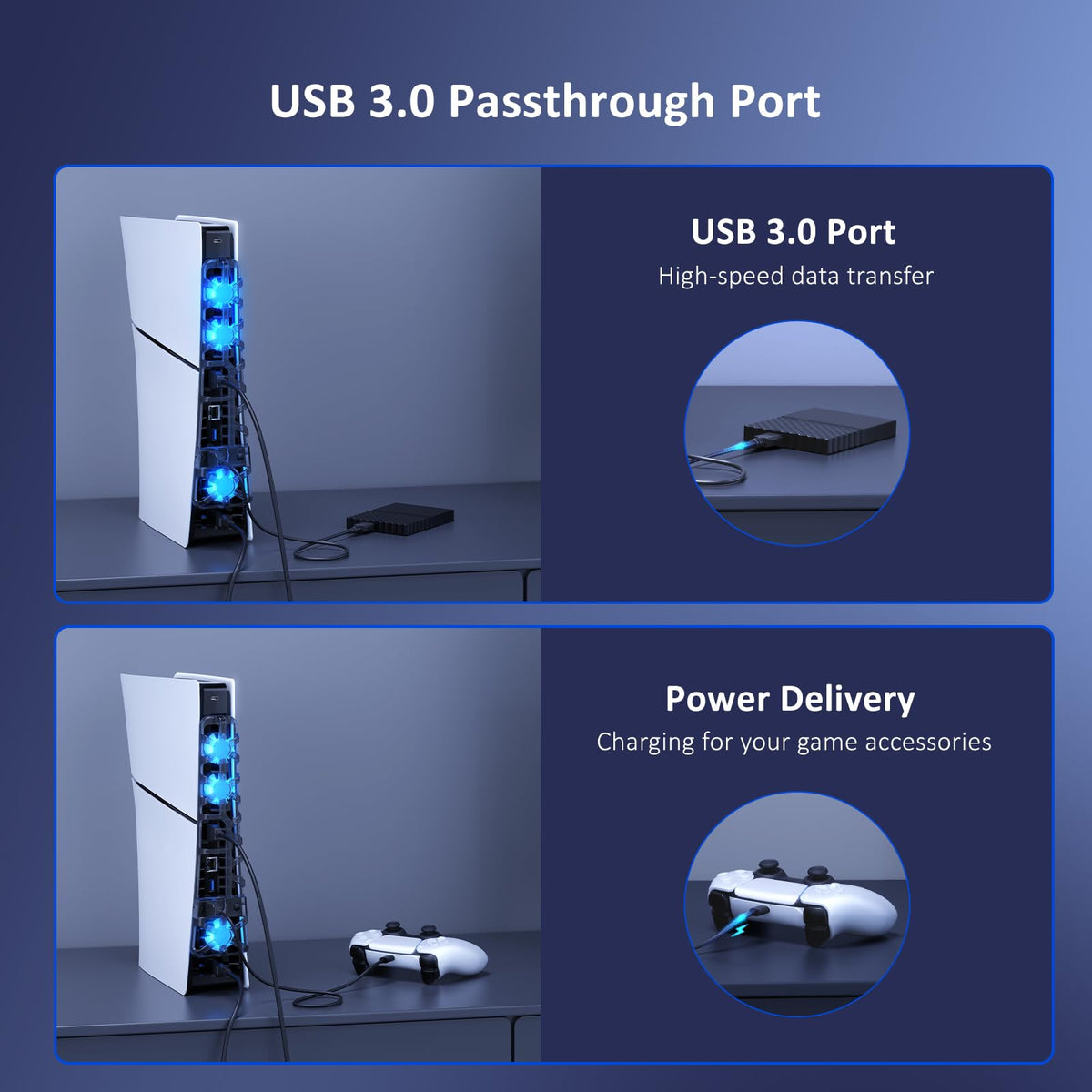 NexiGo PS5 Slim Silent Enhanced Cooling Fan with Adjustable Speed, Auto Power On/Off, with USB 3.0 Port, Efficient Cooling System for Both PS5 Slim
