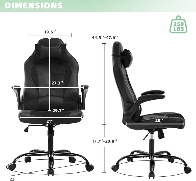 Video Gaming ChairErgonomic Computer Office Desk Chair with Comfy Lumbar Support PU Leather Recliner with Headrest Fixed Up Armrest Height Adjustable with 360° Swivel for Adults GamingBlack